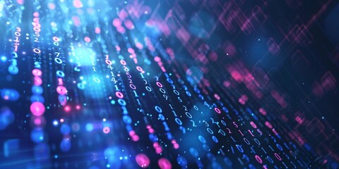 Blue and Red Digital binary code flowing across a technology background