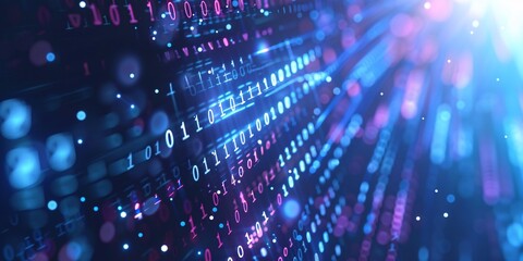 Blue and Red Digital binary code flowing across a technology background