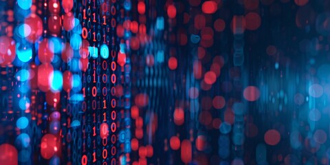 Blue and Red Digital binary code flowing across a technology background