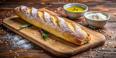 Freshly baked homemade baguette on a wooden cutting board, drizzled with extra virgin olive oil and sprinkled with flaky salt crystals, freshly baked, rustic