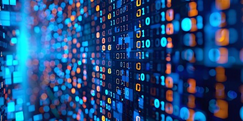 Binary code streams through a futuristic tech background..