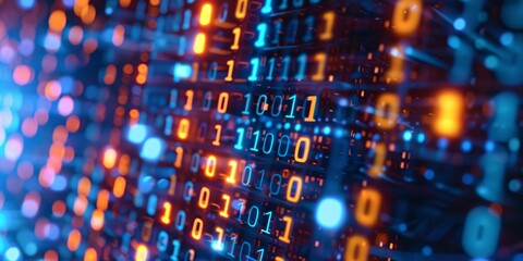 Binary code streams through a futuristic tech background..
