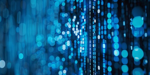 Binary code streams through a futuristic tech background..