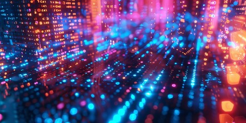 Binary code streams through a futuristic tech background..