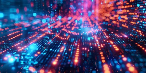 Binary code streams through a futuristic tech background..