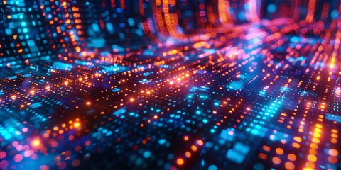 Binary code streams through a futuristic tech background..