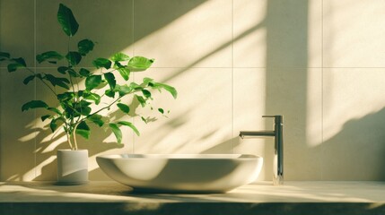 Poster - A serene bathroom scene featuring a sink, modern faucet, and a potted plant with sunlight.