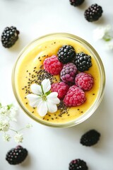 Poster - A vibrant smoothie bowl topped with berries and a flower, showcasing healthy eating.