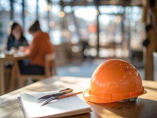 Fototapete - An orange construction helmet and tools on a table in a workspace with people in the background.
