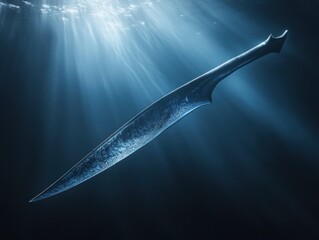 Poster - A sharp, metallic sword suspended underwater, illuminated by soft, ethereal light.
