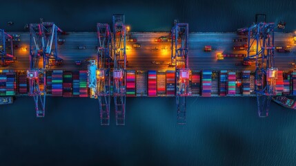 Poster - Aerial view of a bustling shipping port with colorful containers and cranes at night.