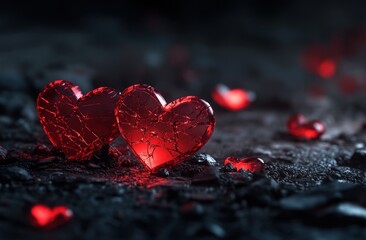 Leinwandbilder - Two cracked red heart-shaped objects on a dark surface with glowing red accents.