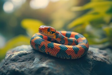 Poster - A vibrant snake resting on a rock amidst lush greenery.