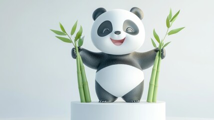 Poster - A cheerful cartoon panda holding bamboo on a pedestal, symbolizing nature and joy.