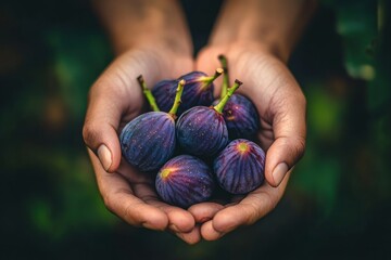 Poster - A pair of hands holding fresh, ripe figs against a dark background.