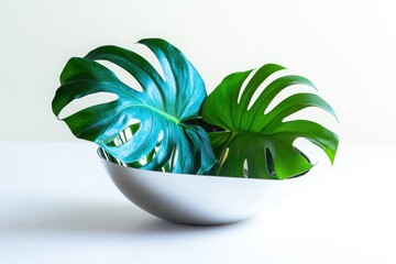 Aufkleber - A sleek bowl containing vibrant monstera leaves, showcasing a modern decorative arrangement.