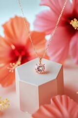 Poster - A delicate rose gold necklace with a sparkling pendant, surrounded by vibrant hibiscus flowers.