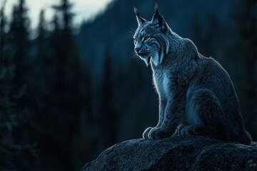Poster - A lynx sits majestically on a rock in a dimly lit forest, showcasing its striking features.