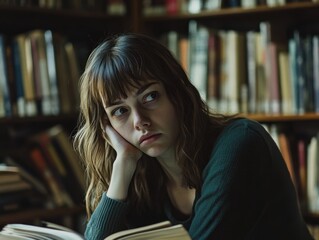 Aufkleber - A contemplative young woman in a library, lost in thought while reading a book.