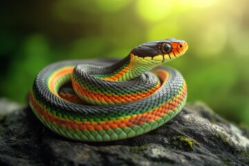 Poster - A vibrant snake coiled on a rock, showcasing its colorful scales in a natural setting.