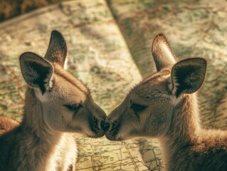 Aufkleber - Two kangaroos touching noses on a map, symbolizing connection and exploration.