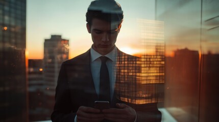 Poster - A businessman checks his phone at sunset, reflecting on city buildings.