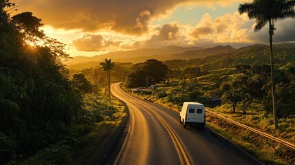 Poster - A scenic road winding through lush greenery at sunset, with a van traveling along.