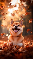 Poster - A cheerful dog surrounded by autumn leaves in a warm, colorful forest setting.