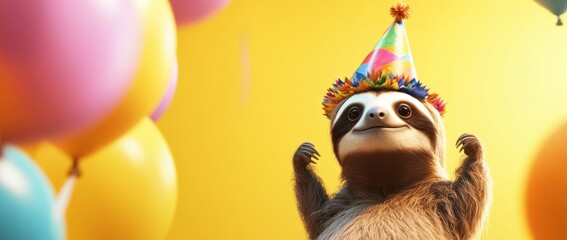Poster - A cheerful sloth wearing a party hat amidst colorful balloons, celebrating joyfully.