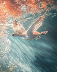 Poster - A serene underwater scene featuring a bird gracefully swimming among vibrant aquatic plants.