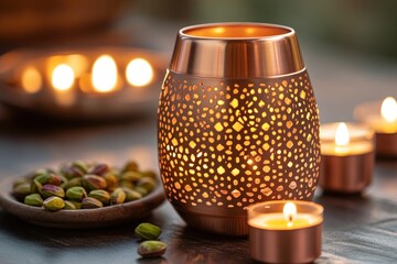 Poster - A warm, inviting scene with a decorative candle holder and pistachios.