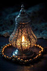 Aufkleber - A decorative lantern with intricate patterns, casting a warm glow beside a beaded necklace.
