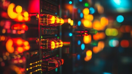 Poster - Colorful Server Rack with Fiber Optic Cables in Room