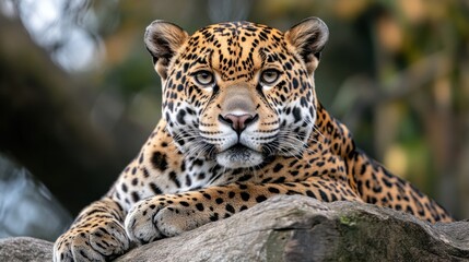 Poster - A close-up of a leopard resting on a rock, showcasing its striking coat and calm demeanor.