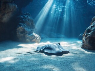 Aufkleber - A serene underwater scene featuring a ray resting on the sandy ocean floor.