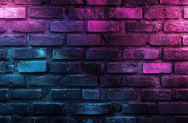 Aufkleber - Grunge brick wall illuminated by neon purple and blue lights.