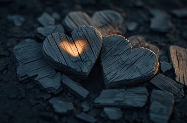 Poster - Wooden hearts arranged on a textured surface, with a soft glow highlighting one heart.