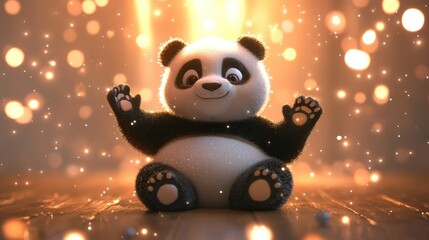 Poster - A cute, animated panda sitting happily amidst sparkling lights.