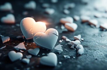 Poster - Two cracked white hearts surrounded by shards, illuminated softly on a dark surface.