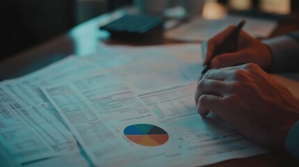 Poster - A person analyzing financial documents with charts and calculations.