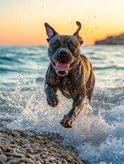 Aufkleber - A playful dog joyfully splashes through the water at sunset.