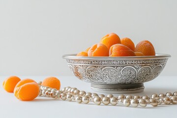Poster - A silver bowl filled with bright orange fruits beside a string of pearls.