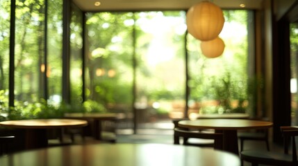 Aufkleber - A serene café interior with natural light and greenery, inviting relaxation and socializing.