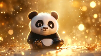 Poster - A cute cartoon panda sitting peacefully in a warm, glowing environment with soft lighting.
