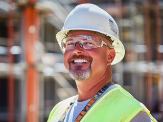 Poster - A smiling construction worker in safety gear at a construction site.