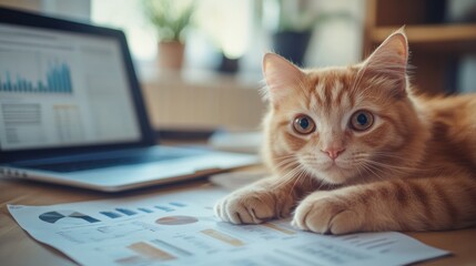 Aufkleber - A relaxed orange cat rests on a document with charts, beside a laptop in a cozy workspace.