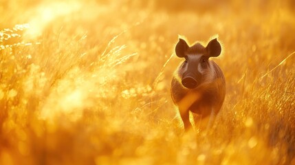Poster - A wild boar walks through golden grass during sunset, capturing a serene moment in nature.