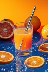 Poster - A refreshing citrus drink with oranges and bubbles against a vibrant backdrop.