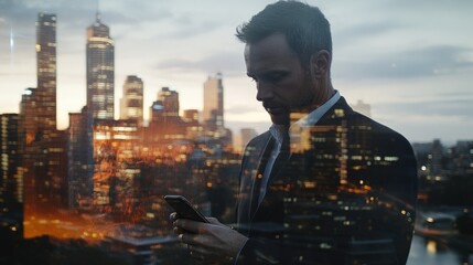 Aufkleber - A man in a suit checks his phone against a city skyline at dusk.