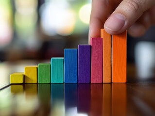 Fototapete - A hand adjusts colorful wooden blocks in a rising bar graph formation on a table.